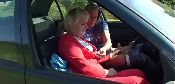 Old bitch gives head in the car then doggystyled